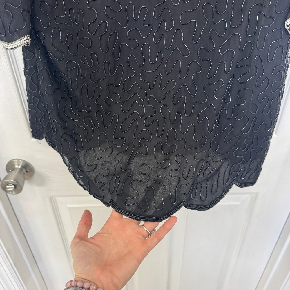 Vintage Lawrence Kazar Silk Women's XL Beaded Short Sleeve Shirt Shoulder Pads - Picture 4 of 8